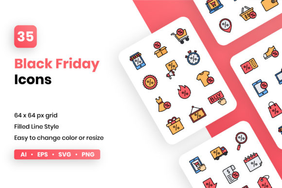 Black Friday Filled Line Icon Set for Local Business Graphics