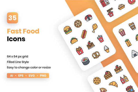 Fast Food Filled Line Icon Set for Local Branding and Packaging