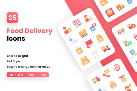 Food Delivery Flat Icon Set for Handmade Projects