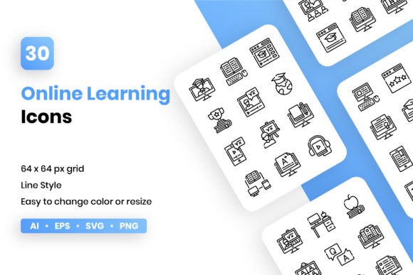 Online Learning Line Icon Set for Small Business Branding