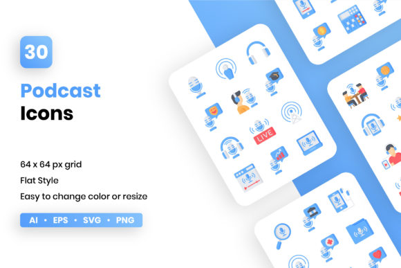 Podcast Flat Icon Set for Modern Web and Print Graphics