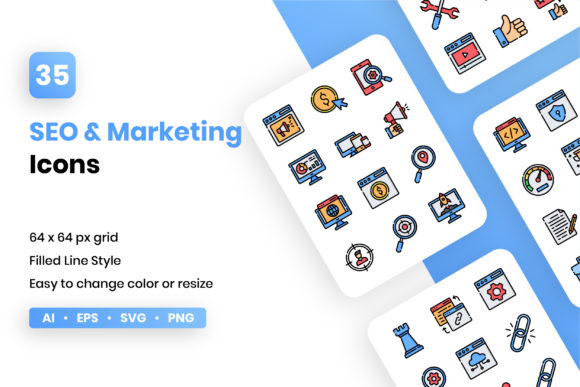 SEO and Marketing Filled Line Graphics for Digital Sellers