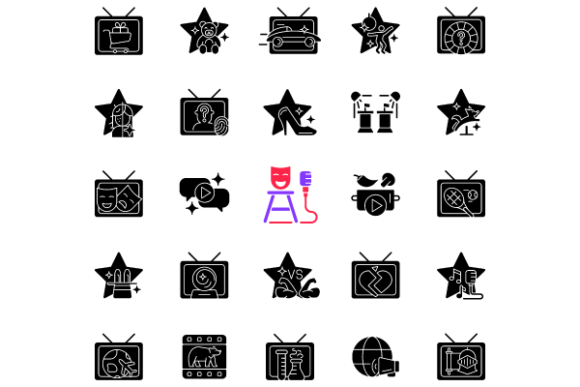 TV Show Black Glyph Icons Bundle for Modern Graphics